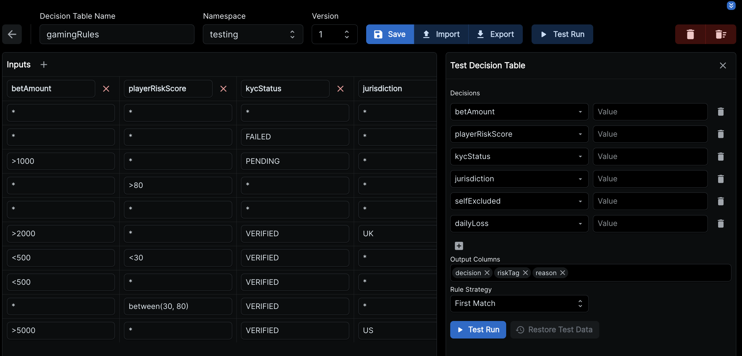 Decision engine table in dark mode
